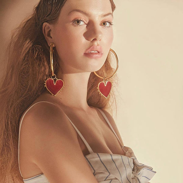 Hoop Earrings with Red Heart Charm